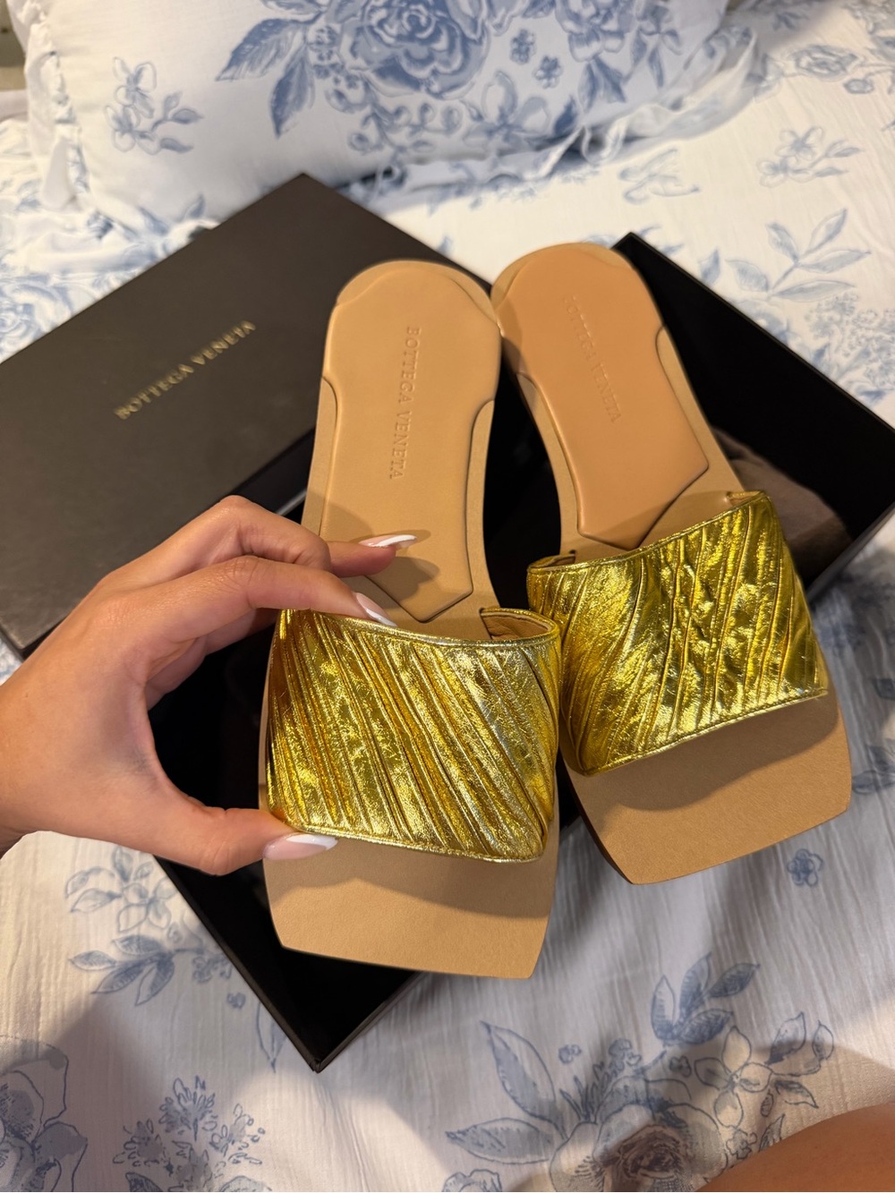 Bottega Veneta Metallic Gold Quilted Slide Mules